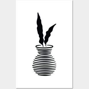 Two leaves black and white abstract potted plant illustration Posters and Art